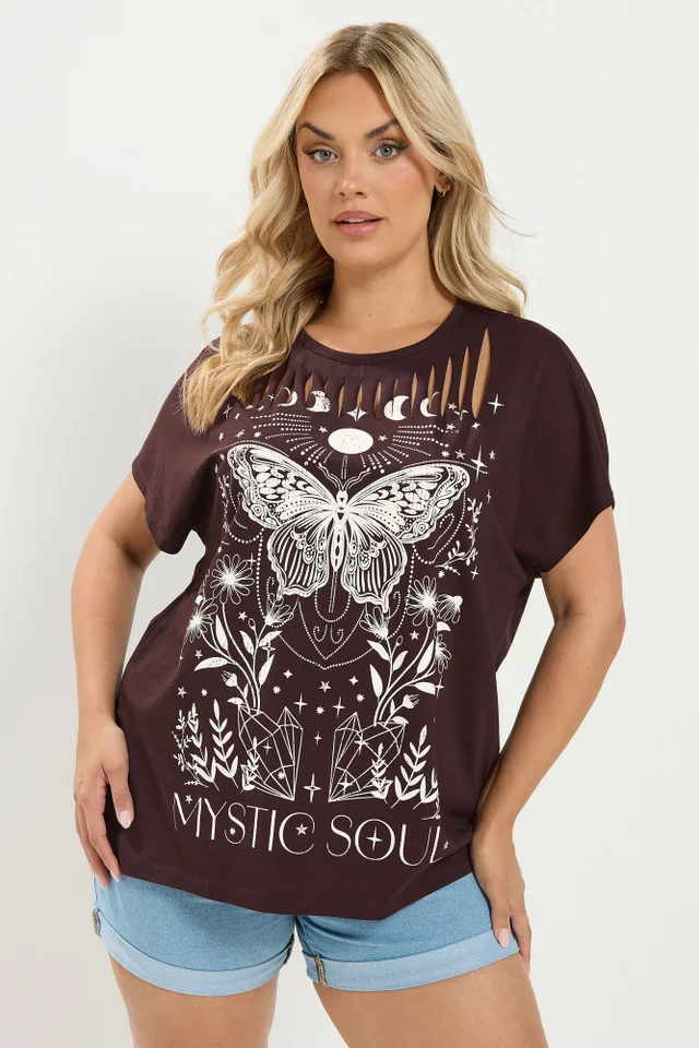 Yours Curve Brown 'Mystic Soul' Laser Cut Slogan T-Shirt
