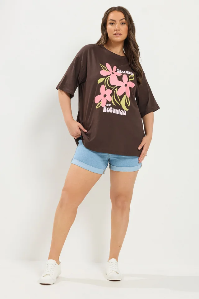 Yours Curve Chocolate Brown Floral Graphic Print T-Shirt