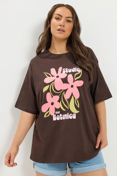 Yours Curve Chocolate Brown Floral Graphic Print T-Shirt - 22-24 Image 1