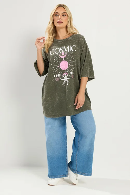 Yours Curve Green Acid Wash 'Cosmic' Oversized T-Shirt - 20 Image 3