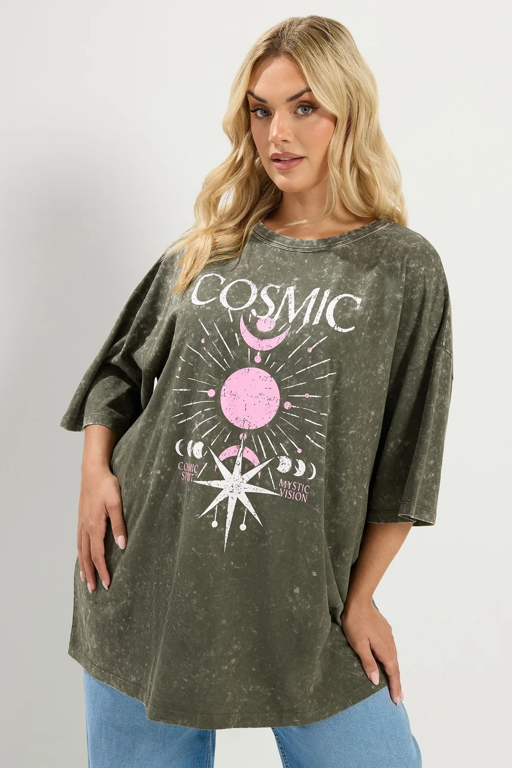 Yours Curve Green Acid Wash 'Cosmic' Oversized T-Shirt - 20 Image 1