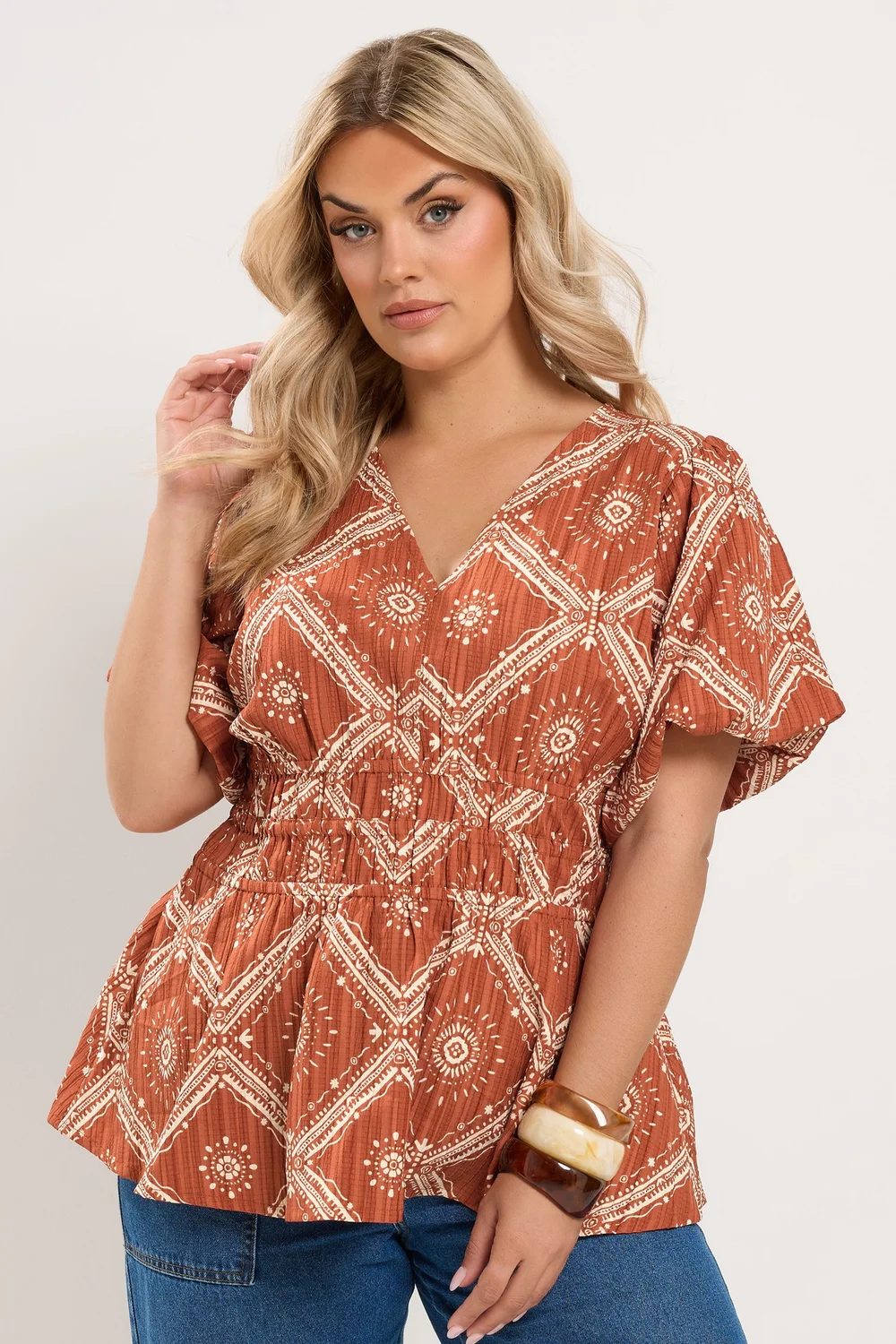Yours Curve Orange Abstract Puff Sleeve Blouse - 18 Image 1
