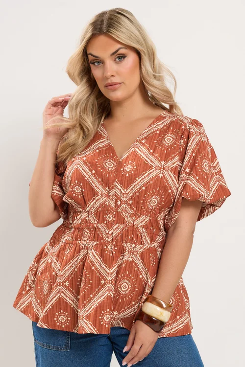 Yours Curve Orange Abstract Puff Sleeve Blouse - 18 Image 1