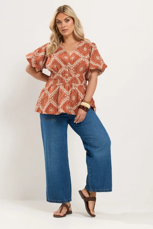 Yours Curve Orange Abstract Puff Sleeve Blouse - 18 Image 2