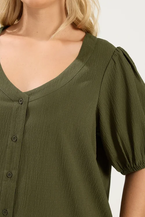 Yours Curve Khaki Green Button Textured Blouse - 16 Image 4