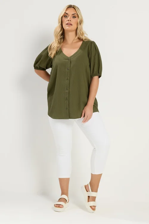 Yours Curve Khaki Green Button Textured Blouse - 16 Image 2