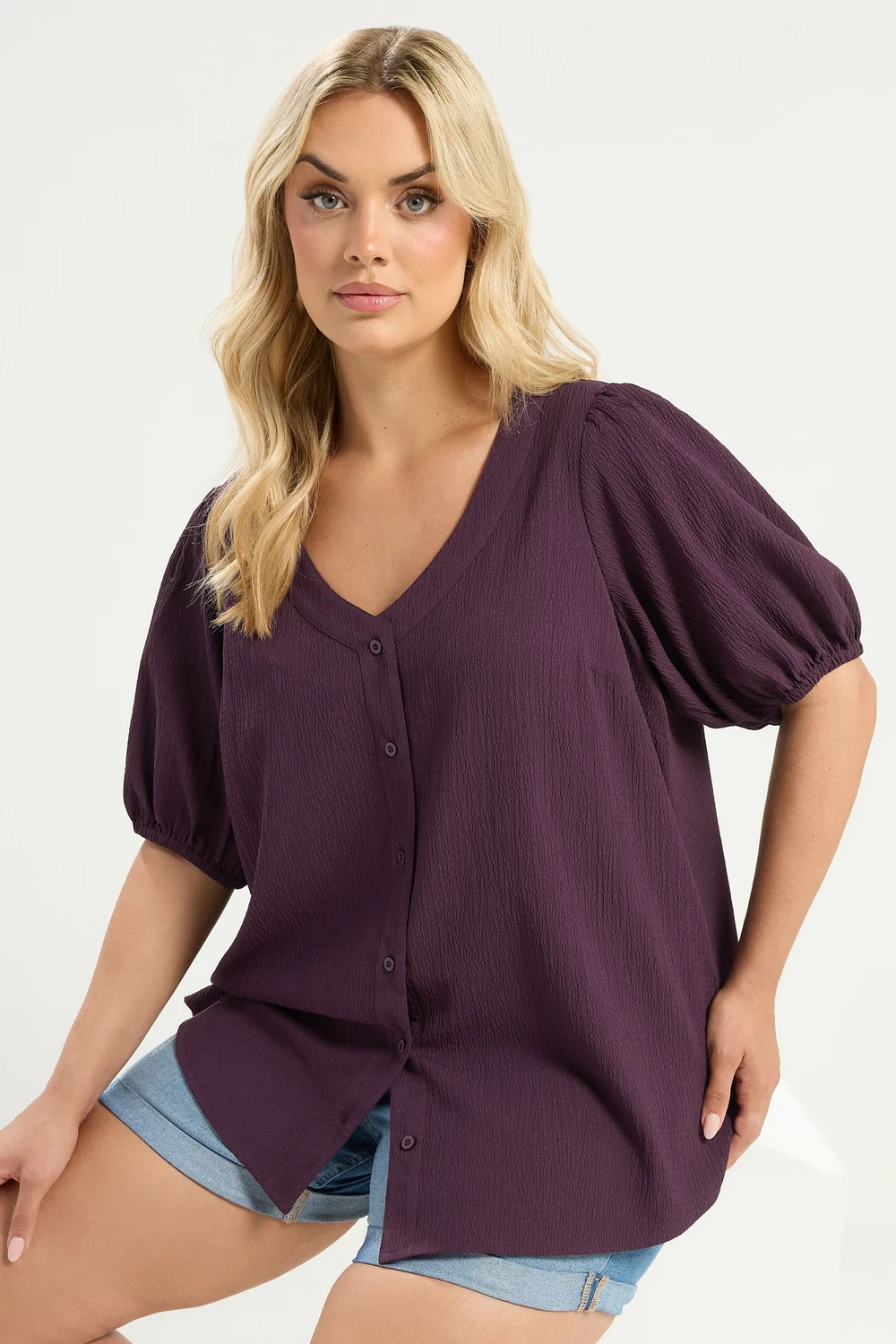 Yours Curve Purple Button Textured Blouse - 30-32 Image 1