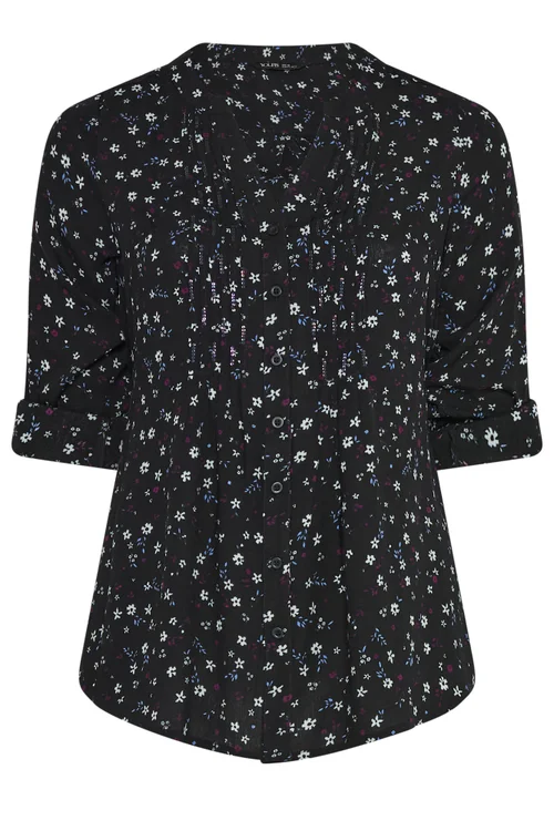 Yours Curve Black Floral Pintuck Top - 26-28 Image 5