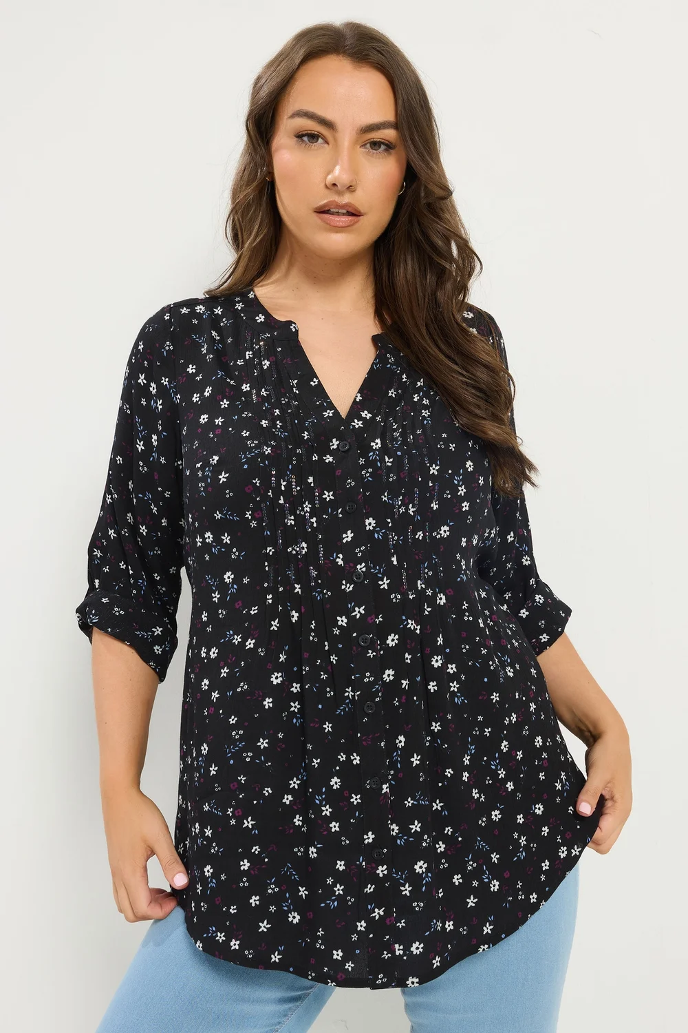 Yours Curve Black Floral Pintuck Top - 26-28 Image 1