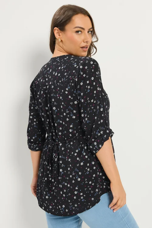 Yours Curve Black Floral Pintuck Top - 26-28 Image 3