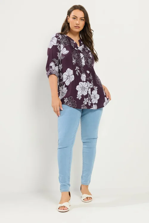 Yours Curve Purple Floral Pintuck Top - 20 Image 2