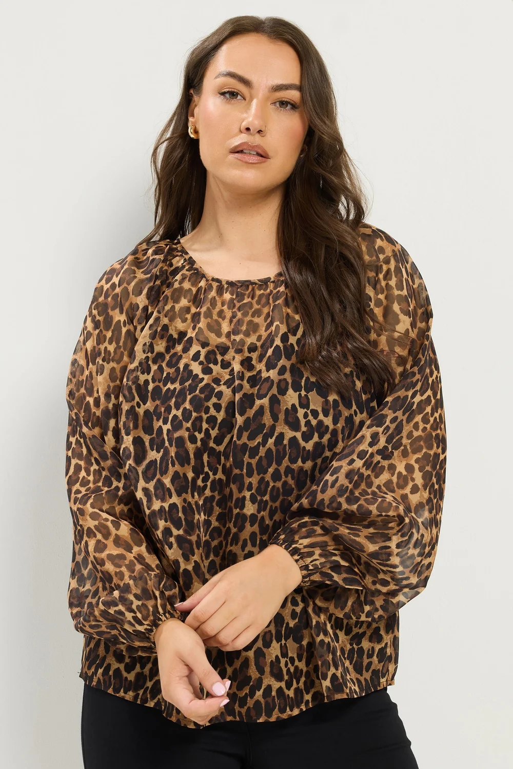 Yours Curve Brown Leopard Chiffon Top - 26-28 Image 1