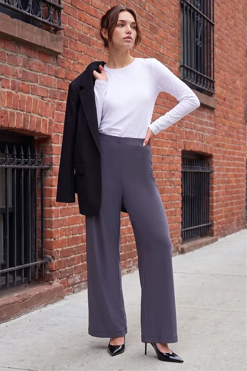 Roman Charcoal Petite Wide Leg Stretch Trouser - 14 Image 2