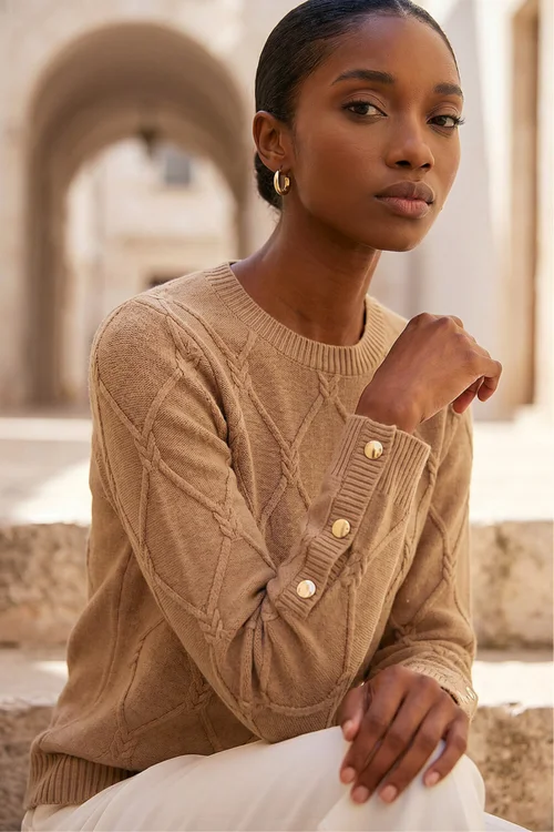 Roman Camel Petite Button Cuff Knit Jumper - 10 Image 1