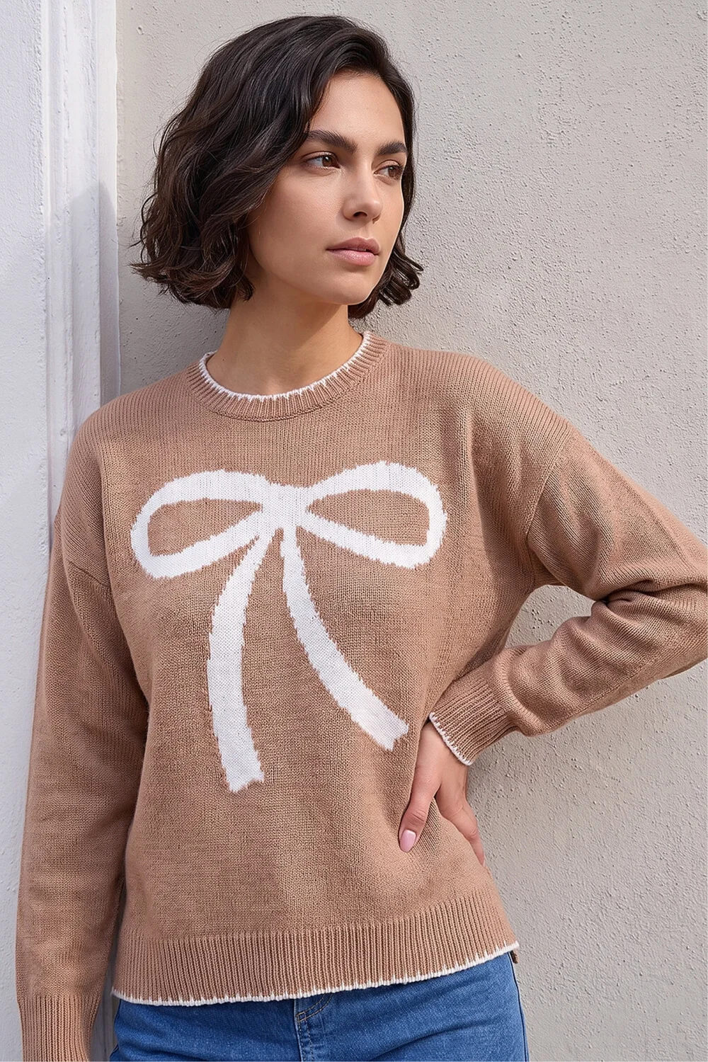 Roman Camel Contrast Stitch Bow Knit Jumper - 10 Image 1