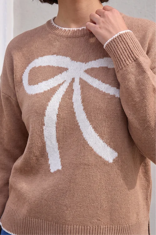 Roman Camel Contrast Stitch Bow Knit Jumper - 10 Image 4