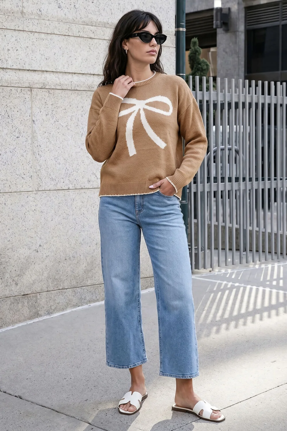 Roman Camel Contrast Stitch Bow Knit Jumper - 10 Image 2