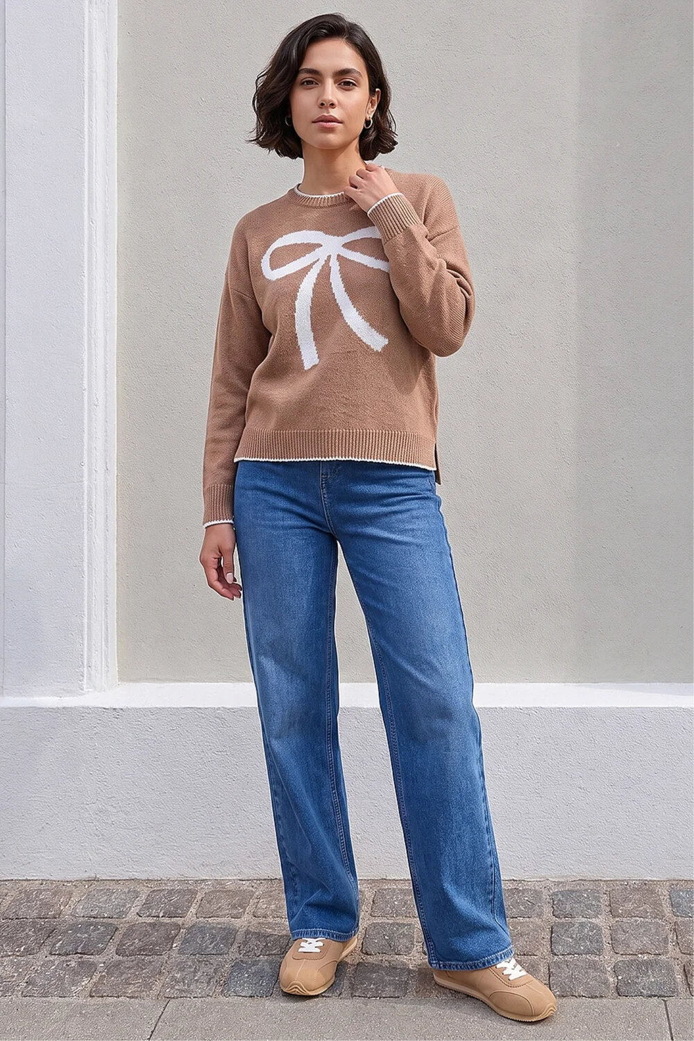 Roman Camel Contrast Stitch Bow Knit Jumper - 10 Image 2