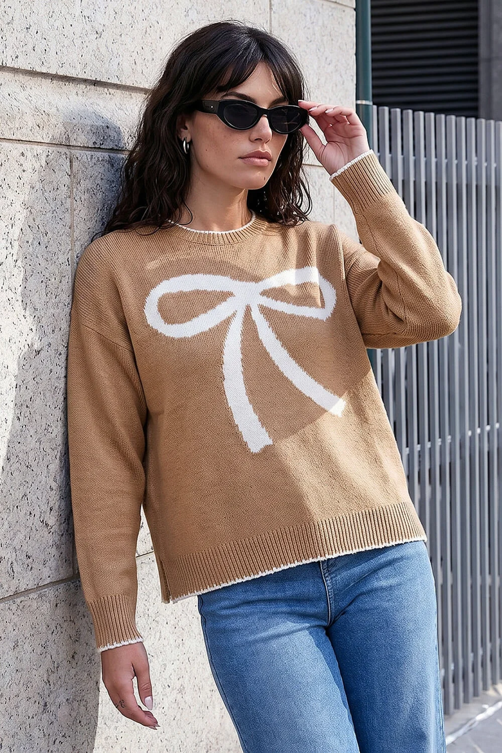 Roman Camel Contrast Stitch Bow Knit Jumper - 10 Image 1