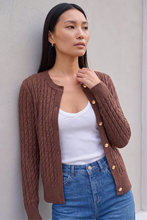 Roman Chocolate Cable Knit Cardigan - 14 Image 1