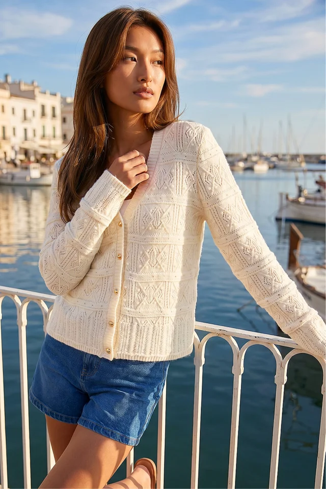 Roman Ivory Pointelle Knit Cardigan