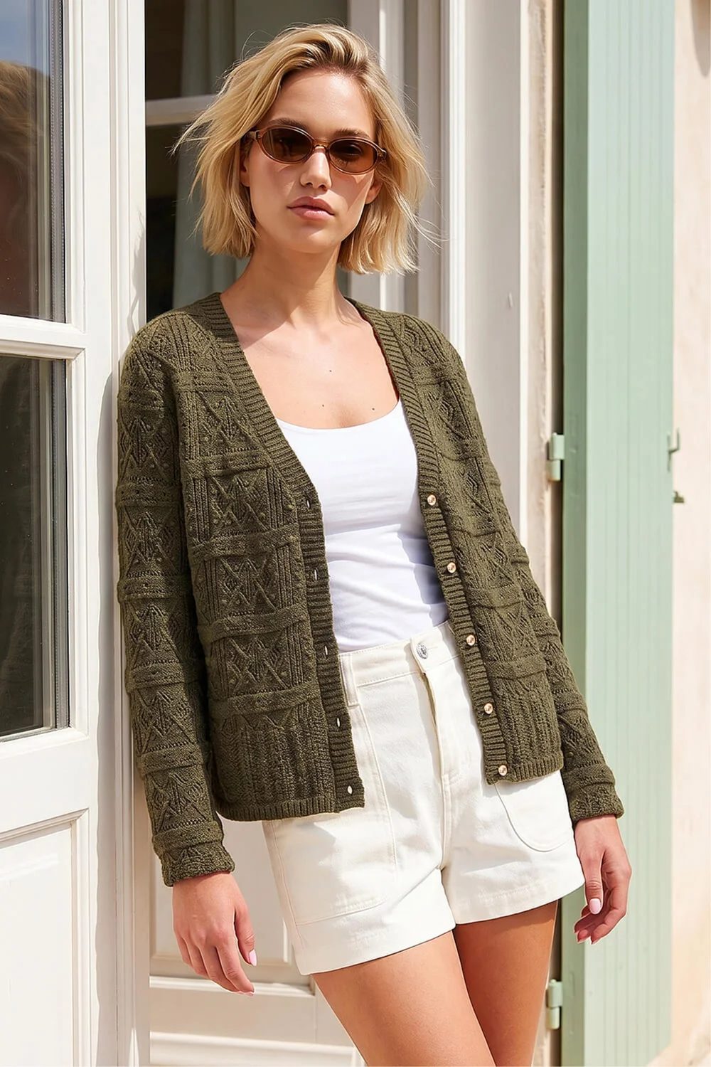 Roman Khaki Pointelle Knit Cardigan - 10 Image 2