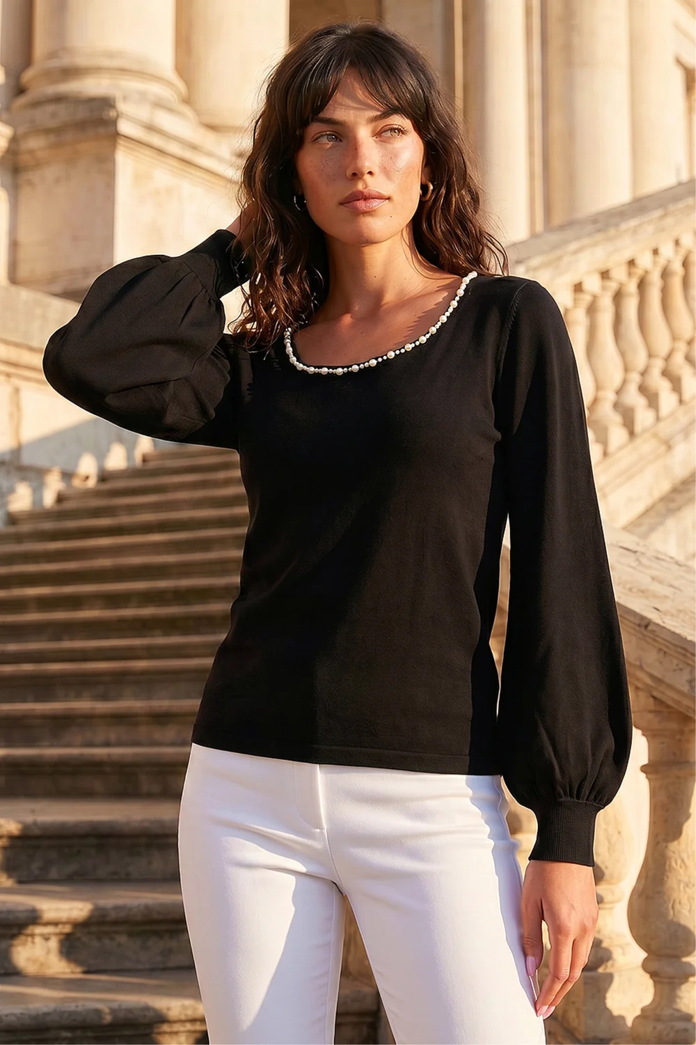 Roman Black Square Neck Pearl Trim Knit Jumper - 20 Image 1