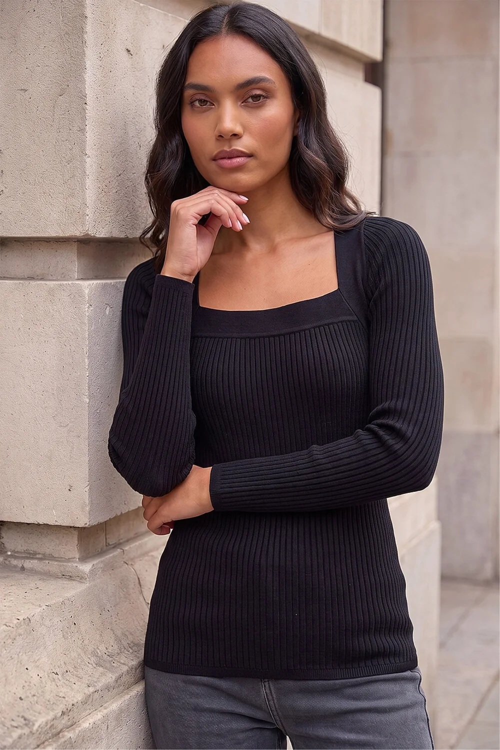 Roman Black Square Neck Ribbed Knit Top - 10 Image 1