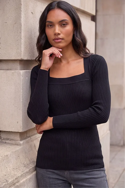 Roman Black Square Neck Ribbed Knit Top - 10 Image 1