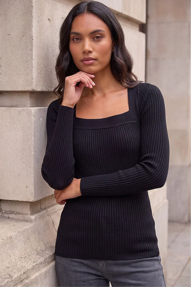 Roman Black Square Neck Ribbed Knit Top