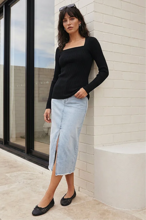 Roman Black Square Neck Ribbed Knit Top - 10 Image 2