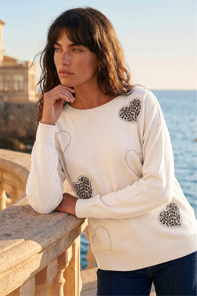 Roman Ivory Animal Heart Print Embellished Knit Jumper