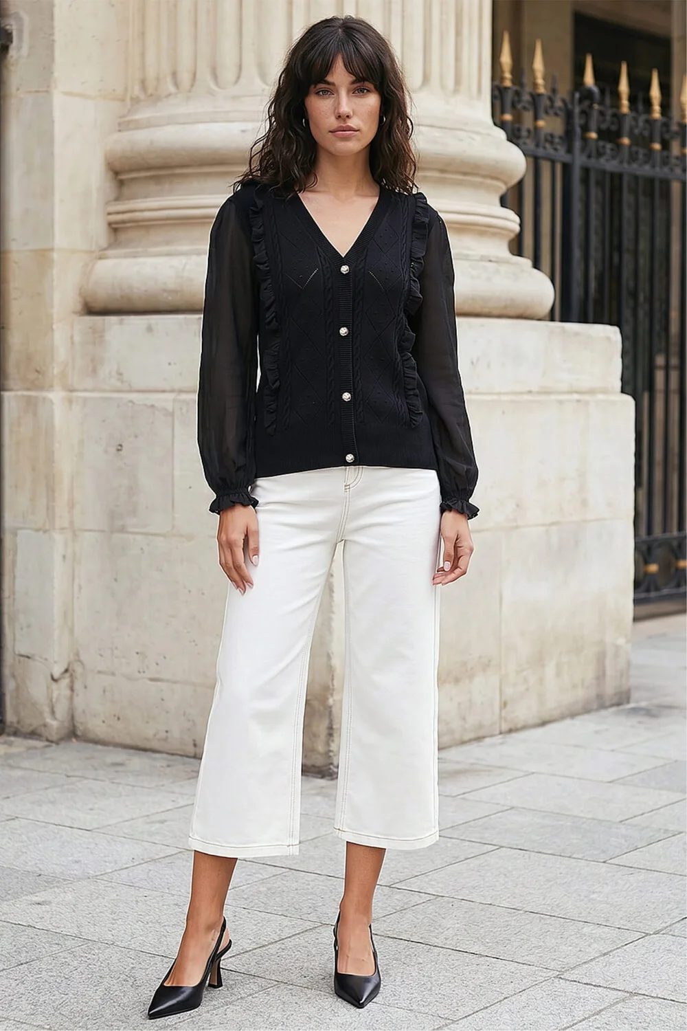 Roman Black Woven Sleeve Buttoned Knit Jumper - 16 Image 2