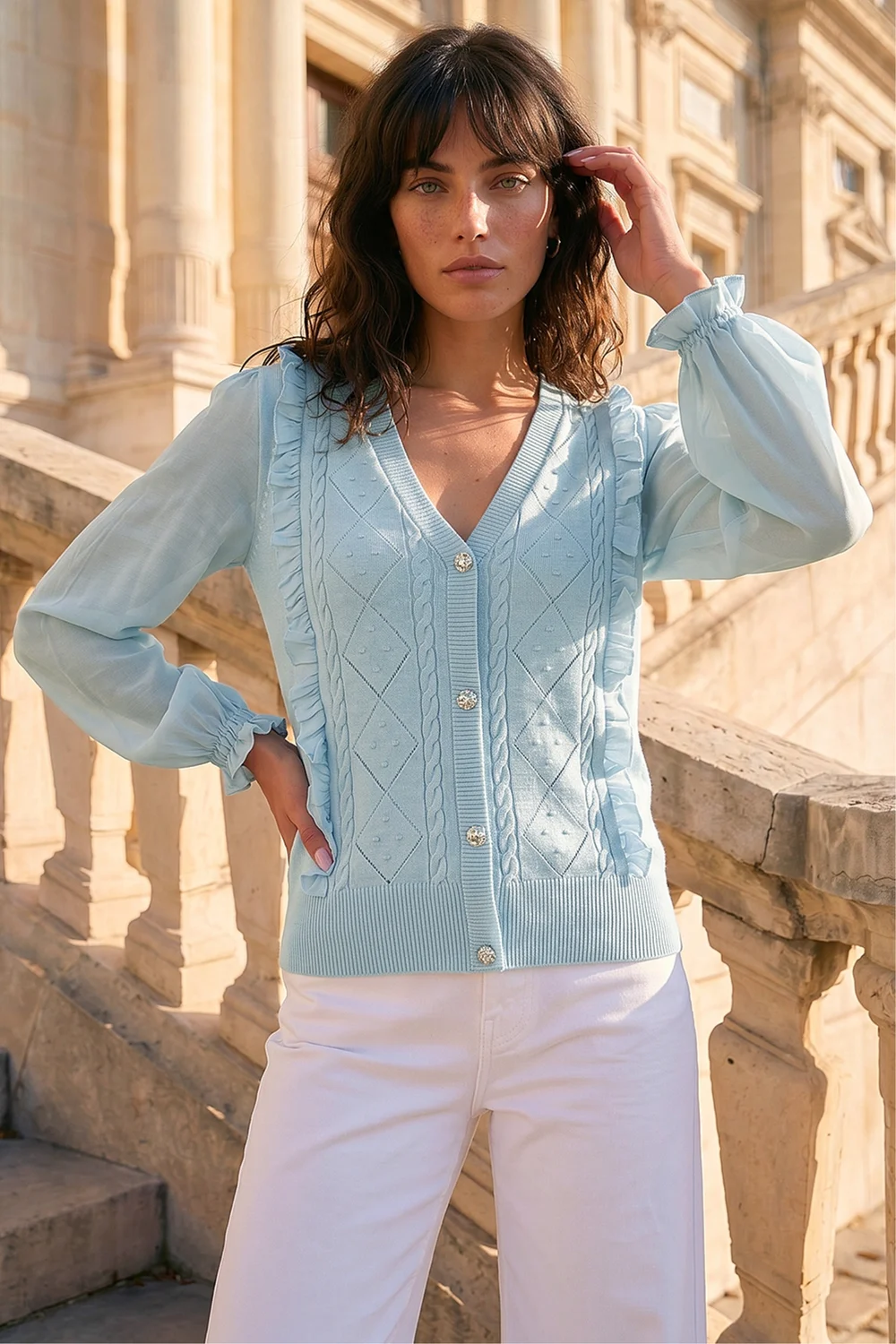 Roman Light Blue Woven Sleeve Buttoned Knit Jumper - 10 Image 1