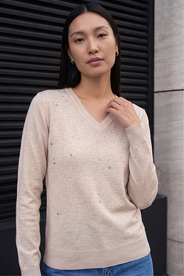 Roman Cream V-Neck Star Hotfix Jumper