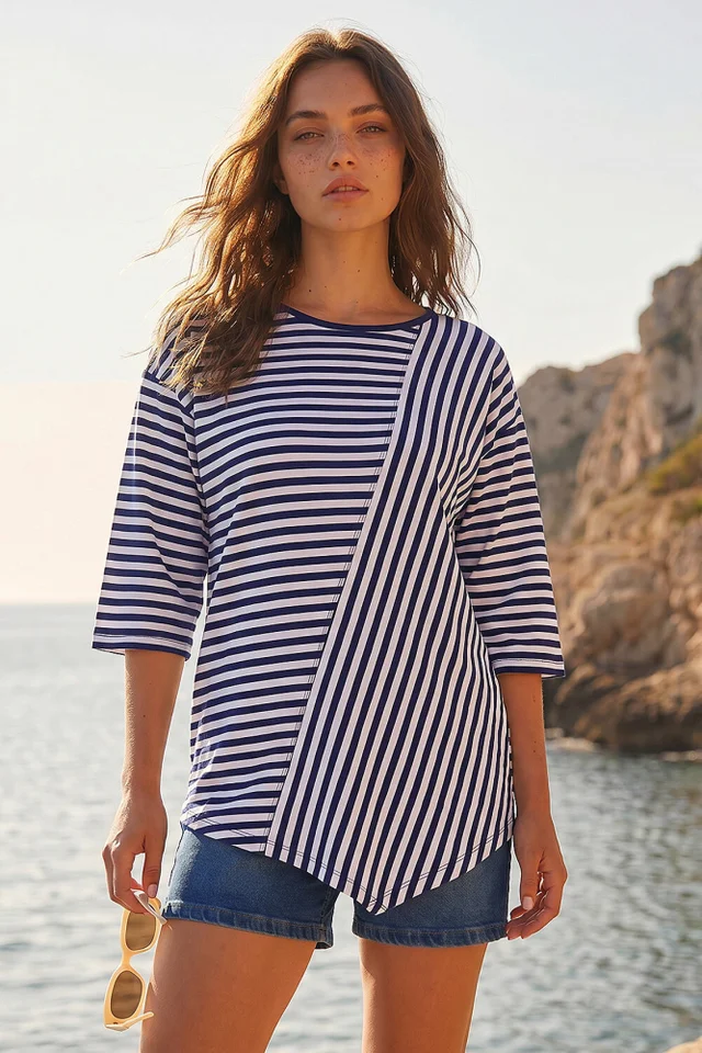 Roman Navy Petite Asymmetric Stripe Top