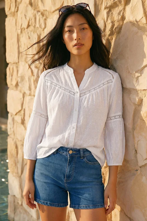 Roman White Petite Dobby Lace Trim Blouse - 16 Image 1