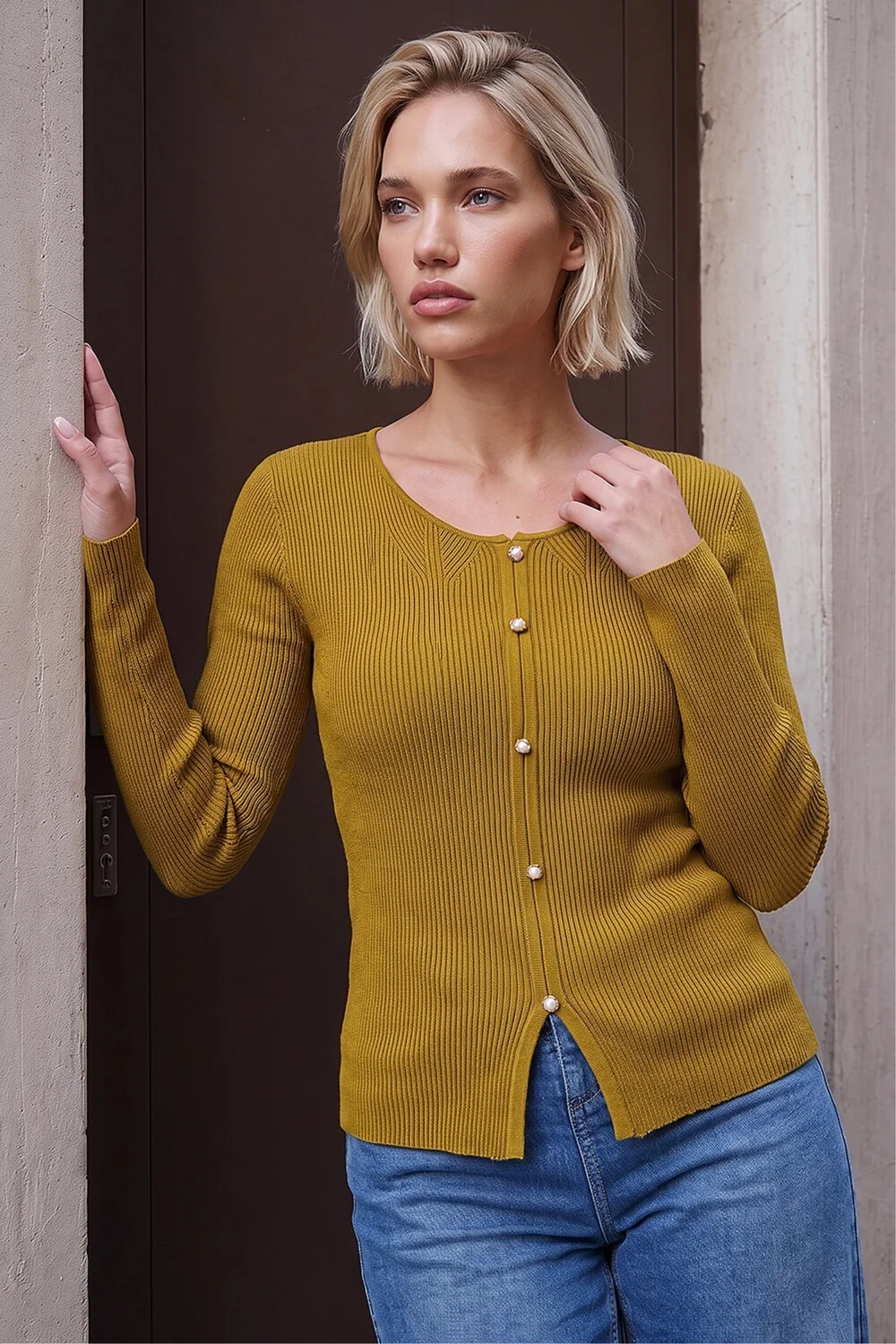 Roman Olive Pearl Ribbed Knit Jumper - 18 Image 1