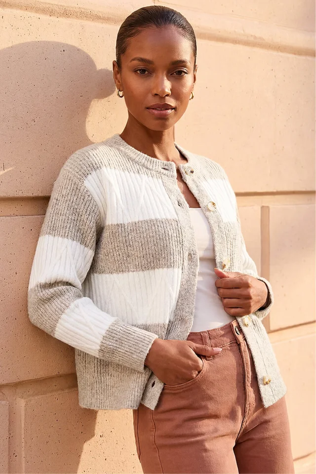 Roman Beige Stripe Buttoned Knit Cardigan