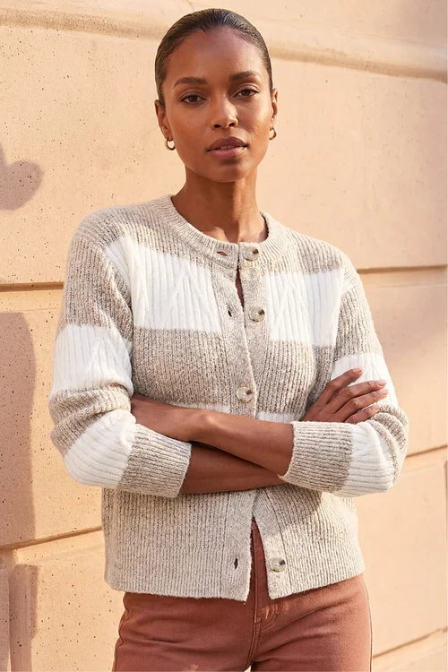 Roman Beige Stripe Buttoned Knit Cardigan - 18 Image 1