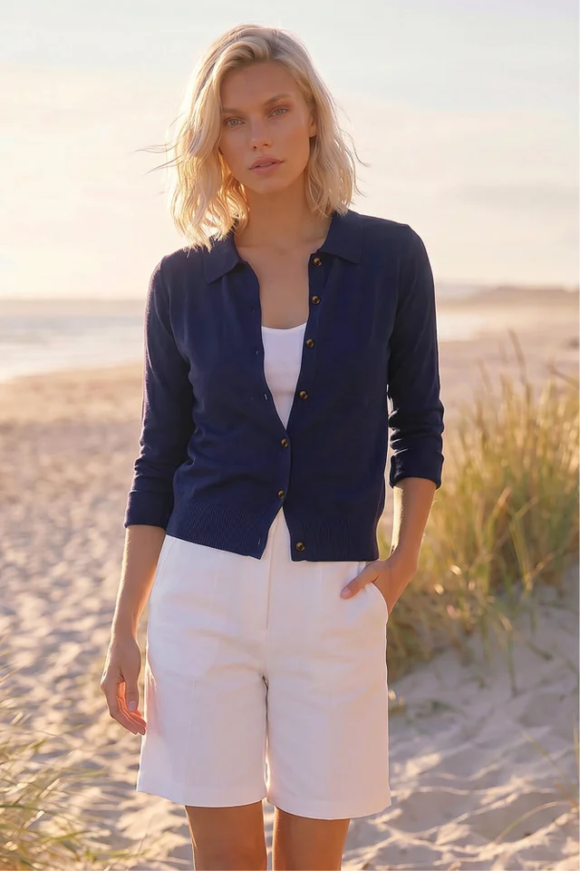 Roman Navy Petite Collar Cardigan