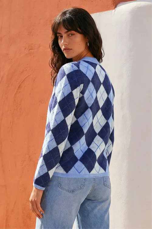Roman Blue Argyle Buttoned Knit Cardigan - 10 Image 3