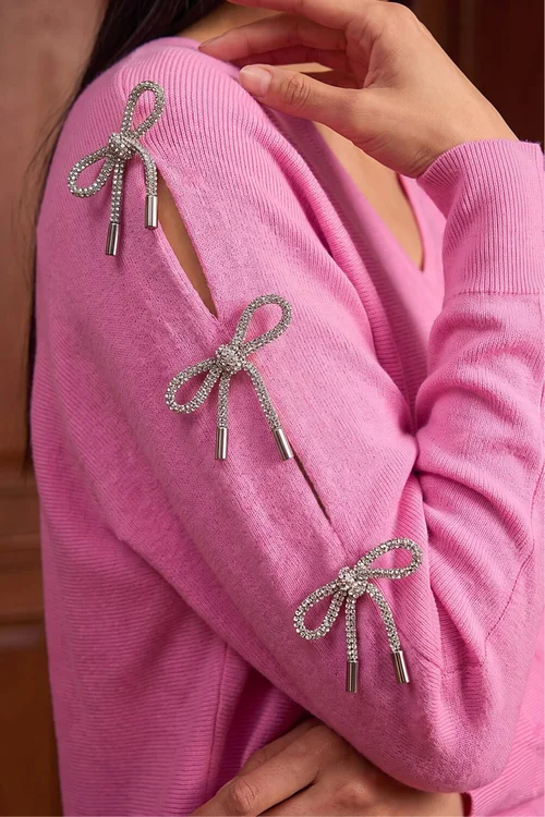 Roman Pink Bow Sleeve V-Neck Knit Jumper - L Image 4
