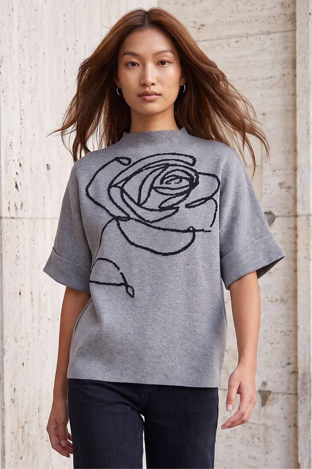 Roman Grey Rose High Neck Knit Jumper