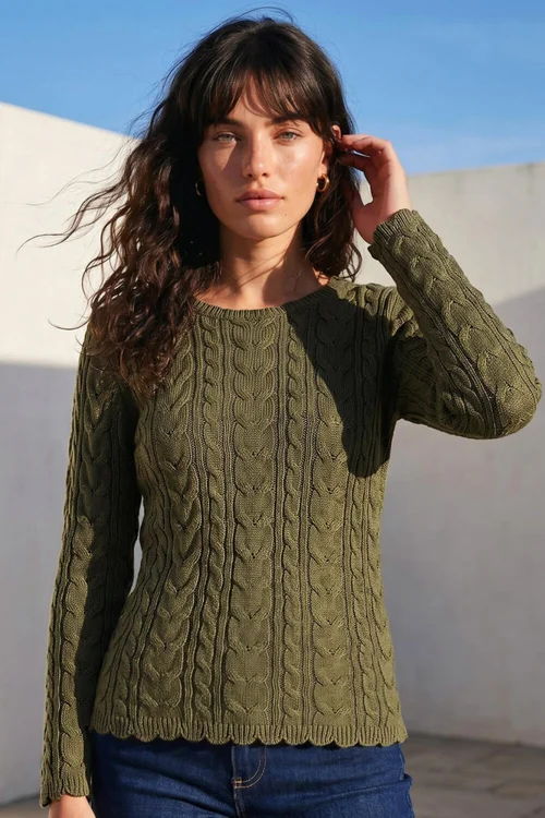 Roman Khaki Scallop Trim Cable Knit Jumper - 10 Image 1