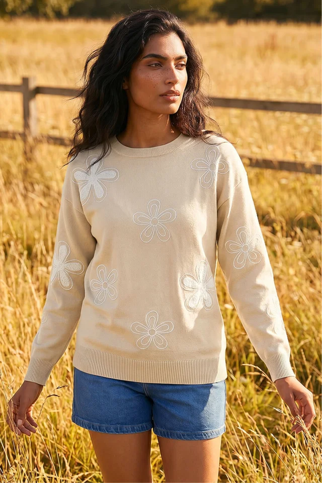 Roman Cream Soft Floral Embroidered Jumper