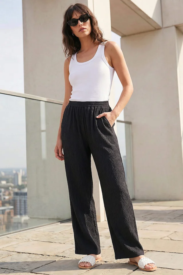 Roman Black Crinkle Textured Stretch Trouser