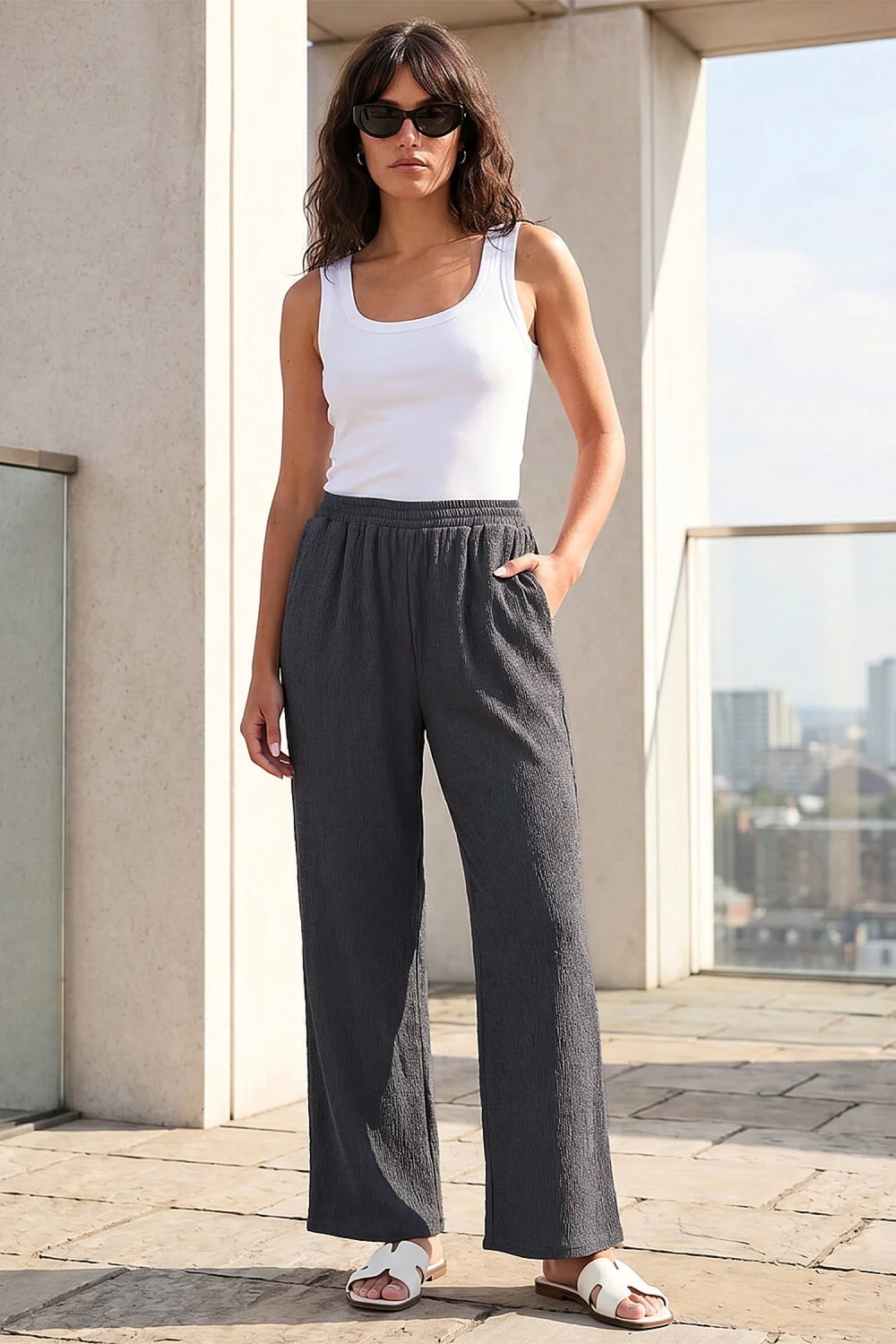 Roman Grey Crinkle Textured Stretch Trouser - 12 Image 1