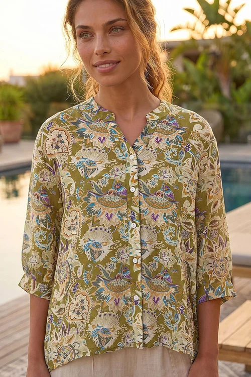 Roman Green Floral Print Notch Neck Blouse - 16 Image 1