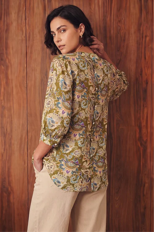 Roman Green Floral Print Notch Neck Blouse - 16 Image 3